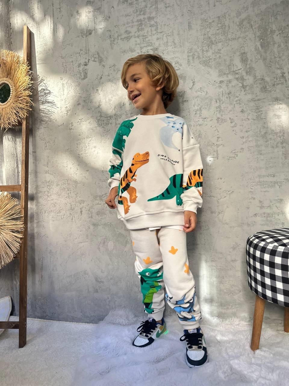 Dinozor Desenli Unisex İkili Takım - Krem