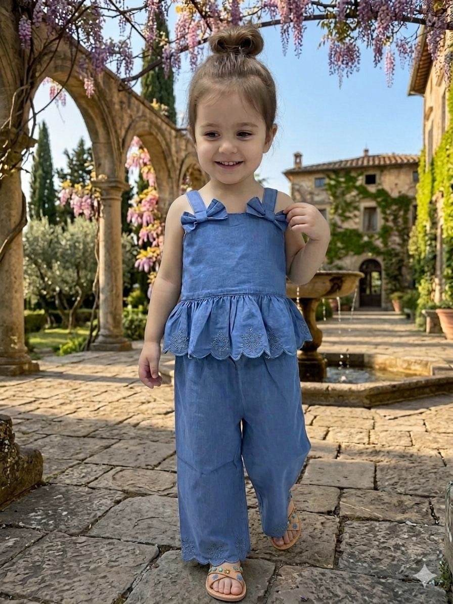 Fiyonklu İnce Denim 2'li Takım - Mavi