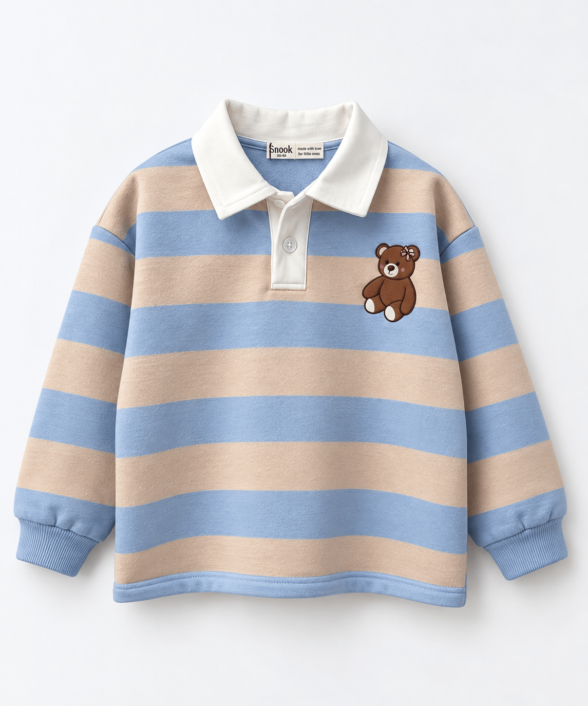 Yakalı Tedy Çizgili Sweatshirt - Mavi Krem