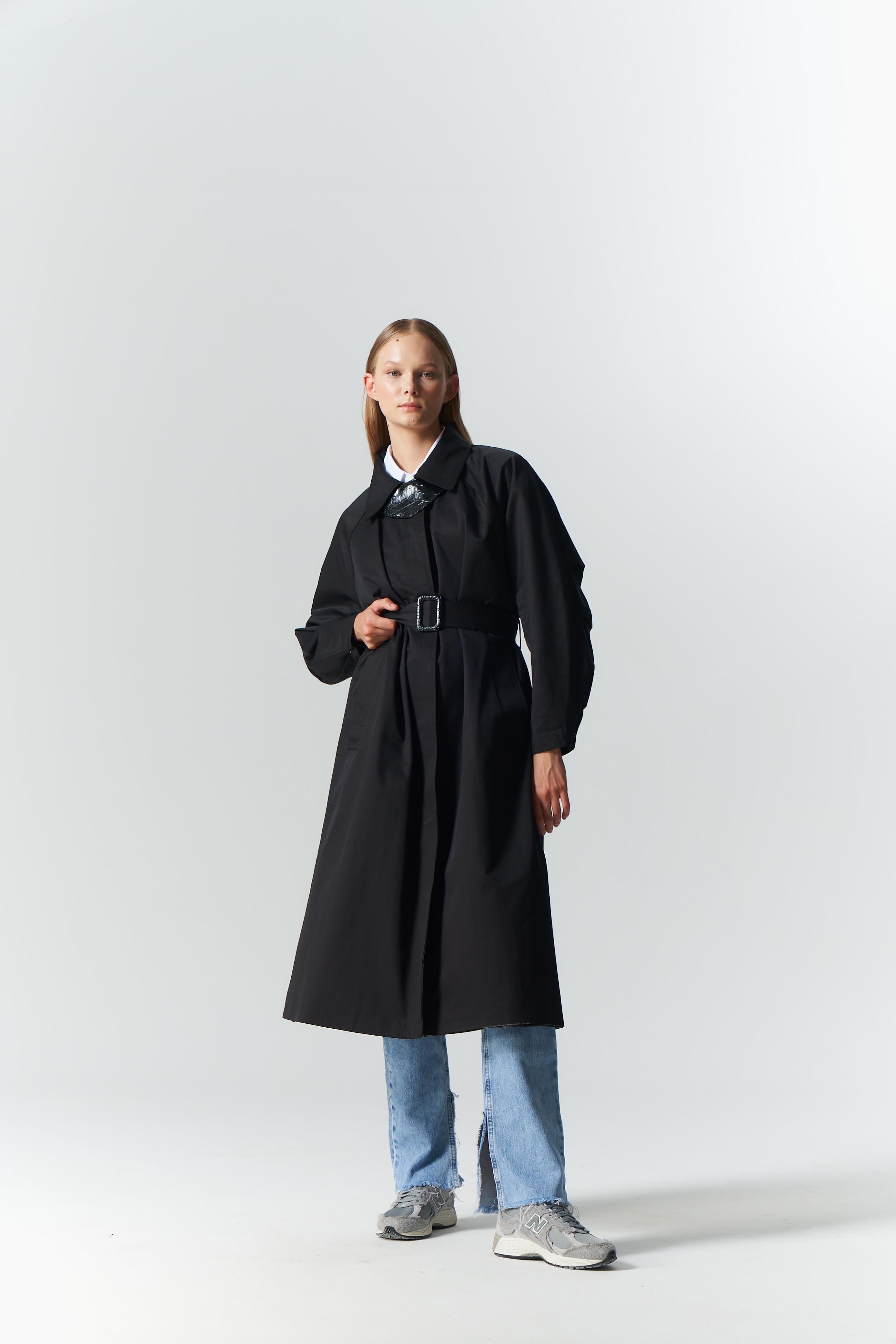 DERİ DETAY TRENCH COAT SİYAH