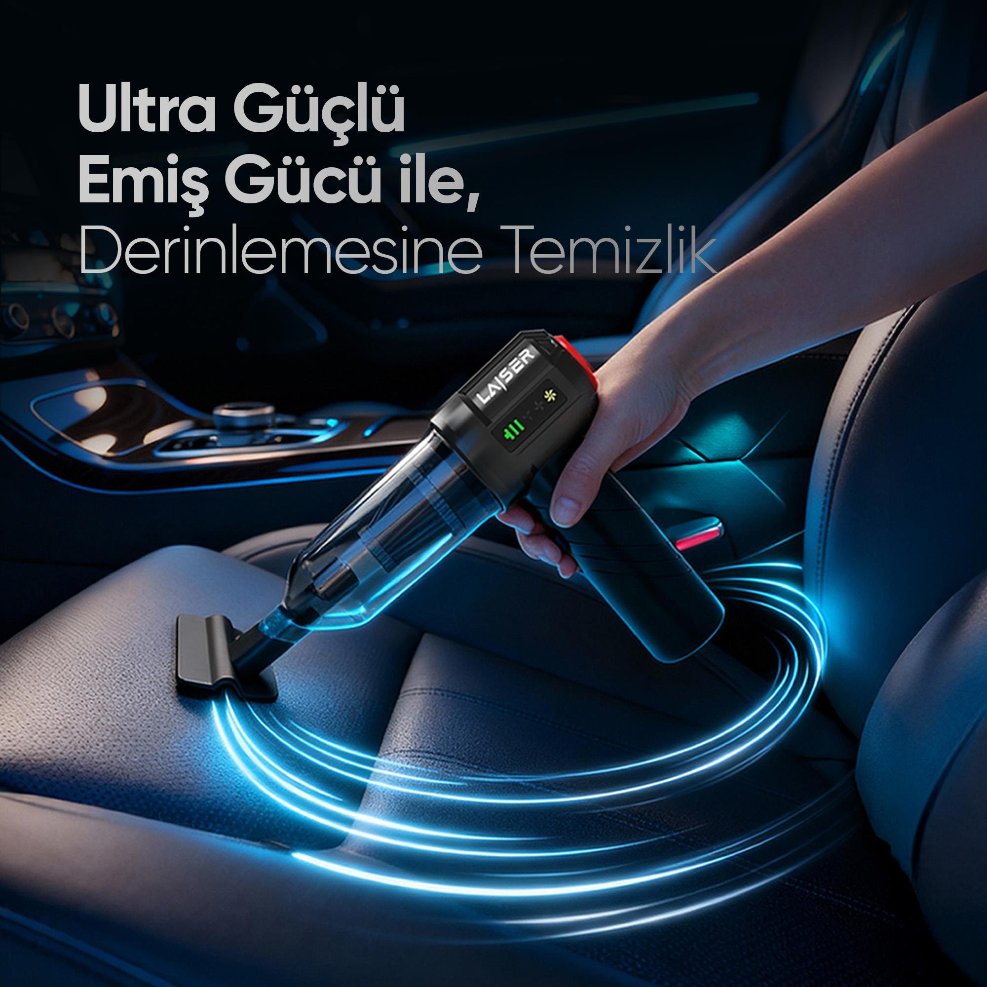  Laiser Mini, Katlanabilir LED Ekranlı 17.000 PA 3ın1 Çekme-Vakum-Üfleme Özellikli Şarjlı Araç Süpürgesi