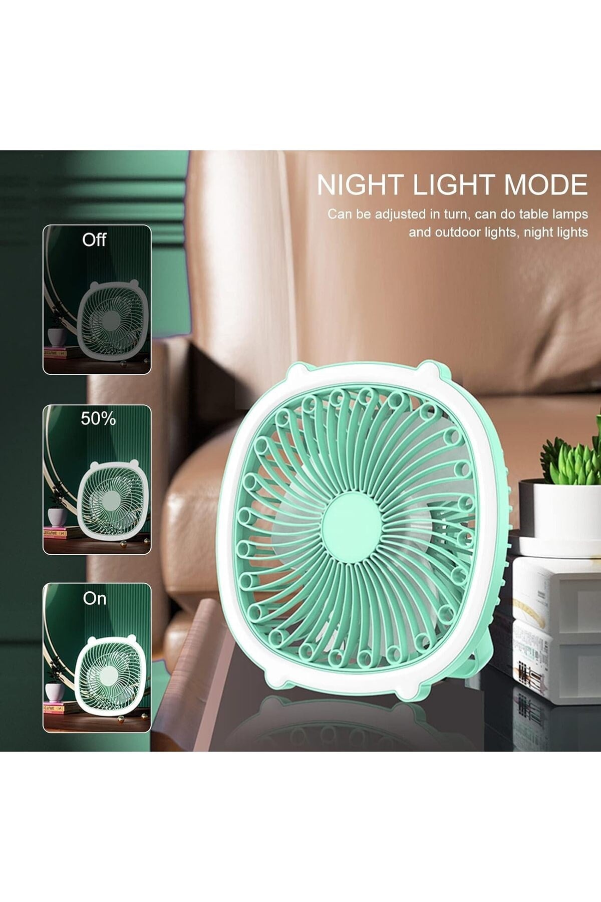 Bychie Led Işıklı Şarjlı Taşınabilir Masa Üstü Vantilatör ,Fan - YEŞİL