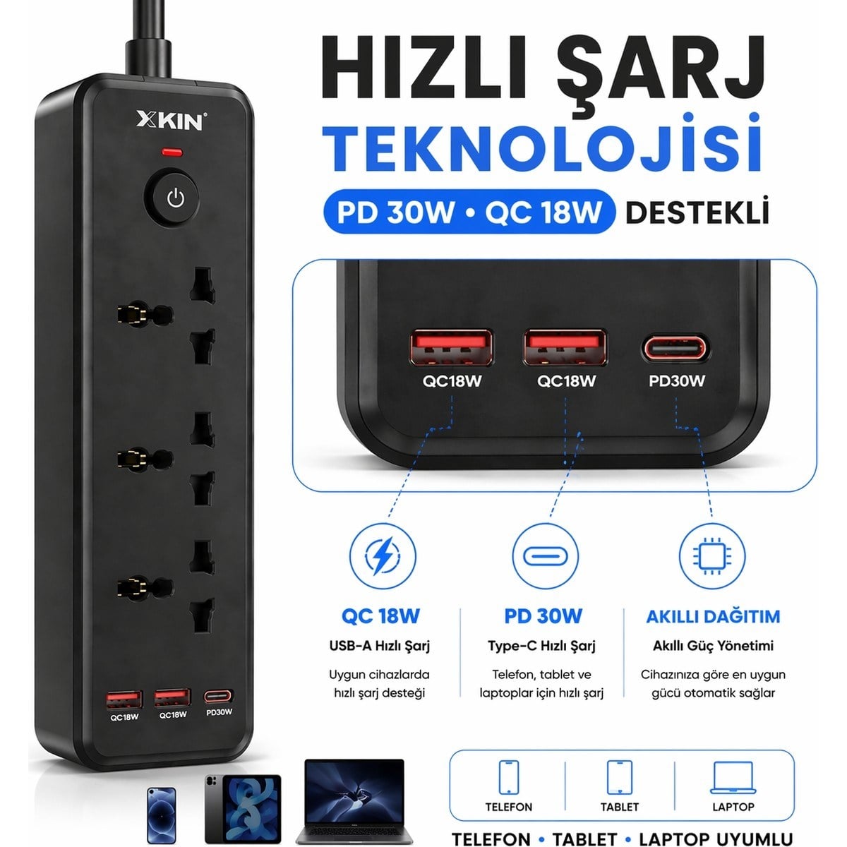 Bychie Xkin 2500W Akım Korumalı Priz 6'lı USB-C PD 30W 
