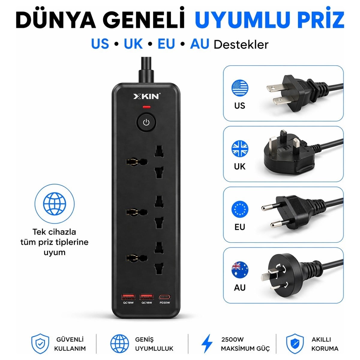 Bychie Xkin 2500W Akım Korumalı Priz 6'lı USB-C PD 30W 