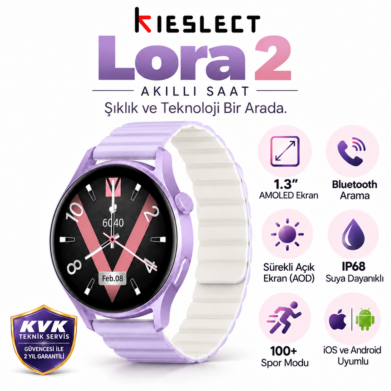 Kieslect Lora 2 Lady Arama Özellikli Akıllı Saat - Mor