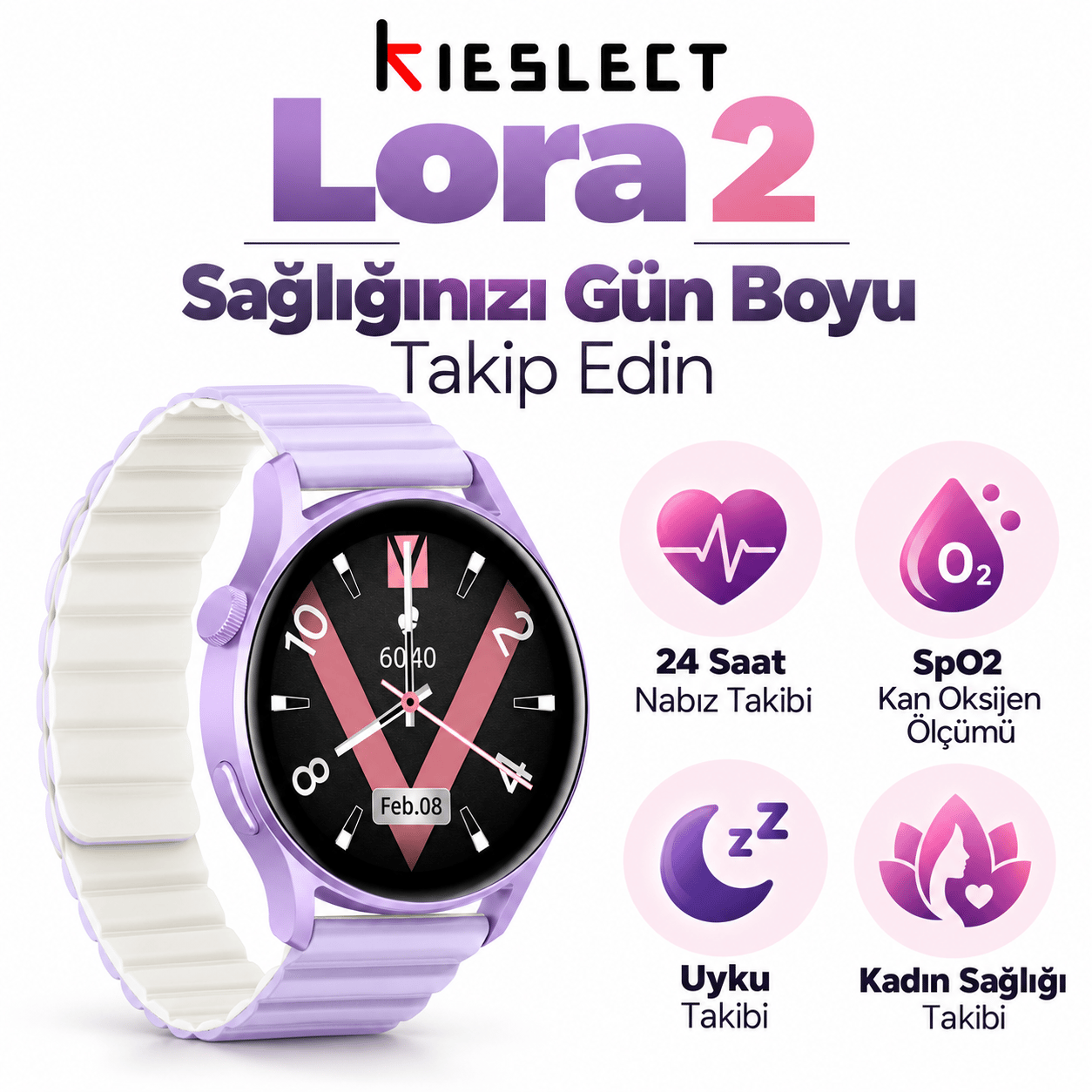 Kieslect Lora 2 Lady Arama Özellikli Akıllı Saat - Mor