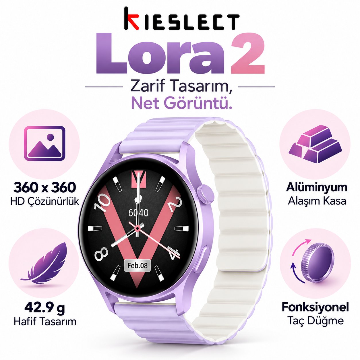 Kieslect Lora 2 Lady Arama Özellikli Akıllı Saat - Mor