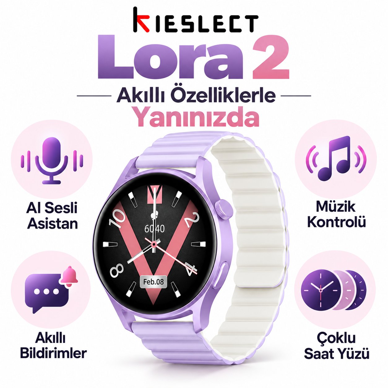 Kieslect Lora 2 Lady Arama Özellikli Akıllı Saat - Mor