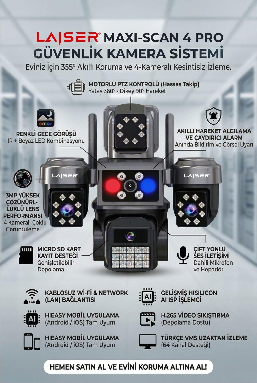 Laiser 4 Kameralı, 4G Sim Kartlı, Yıllık 180GB Turkcell İnternet ve 128GB SD Kart Dahil, Çakarlı, Sirenli 