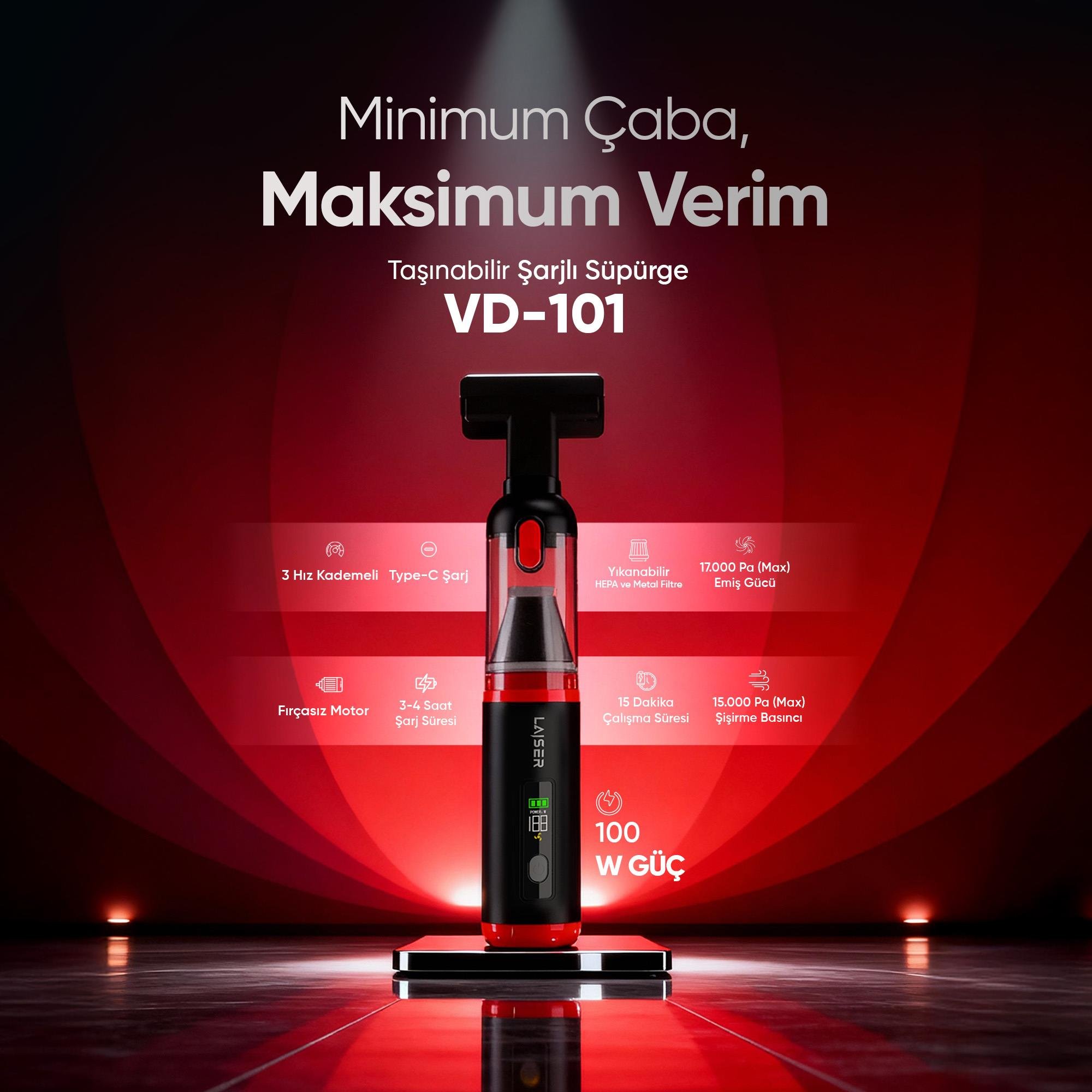 Laiser Kompakt LED Ekranlı 17.000 PA 3ın1 Çekme-Vakum-Üfleme Özellikli Şarjlı Araç Süpürgesi