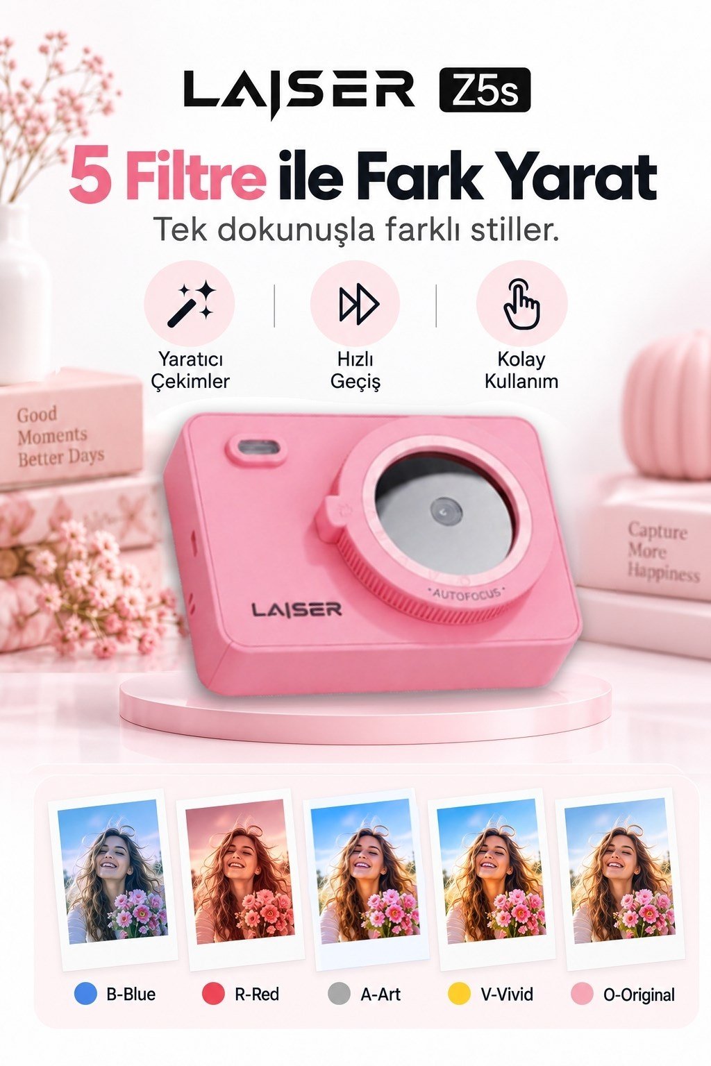 Laiser  Z5s İnstant Kamera ve Fotoğraf Yazıcısı - Şipşak Fotoğraf Makinesi -Pembe