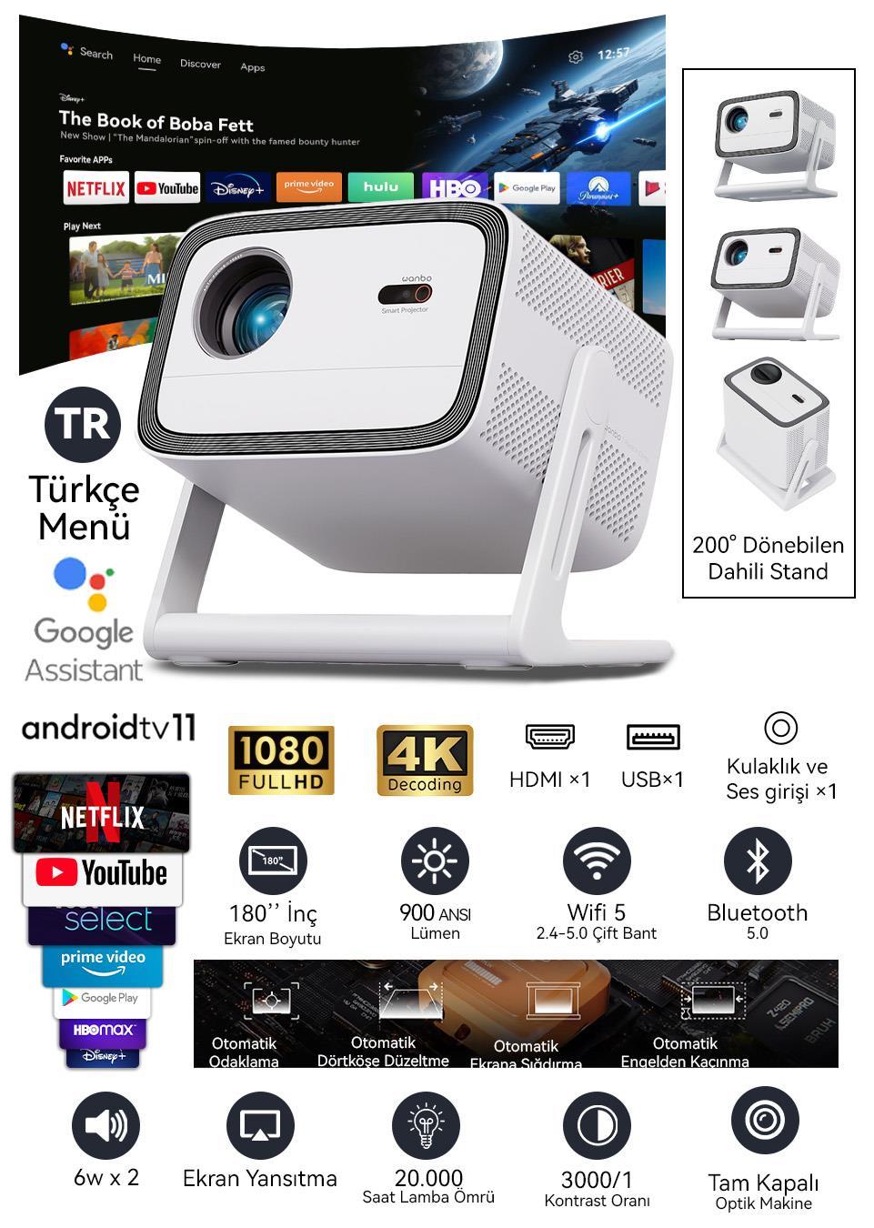 Wanbo Vali 1 Projeksiyon Cihazı | 900 ANSI Lümen, Android TV, Dahili Stand 
