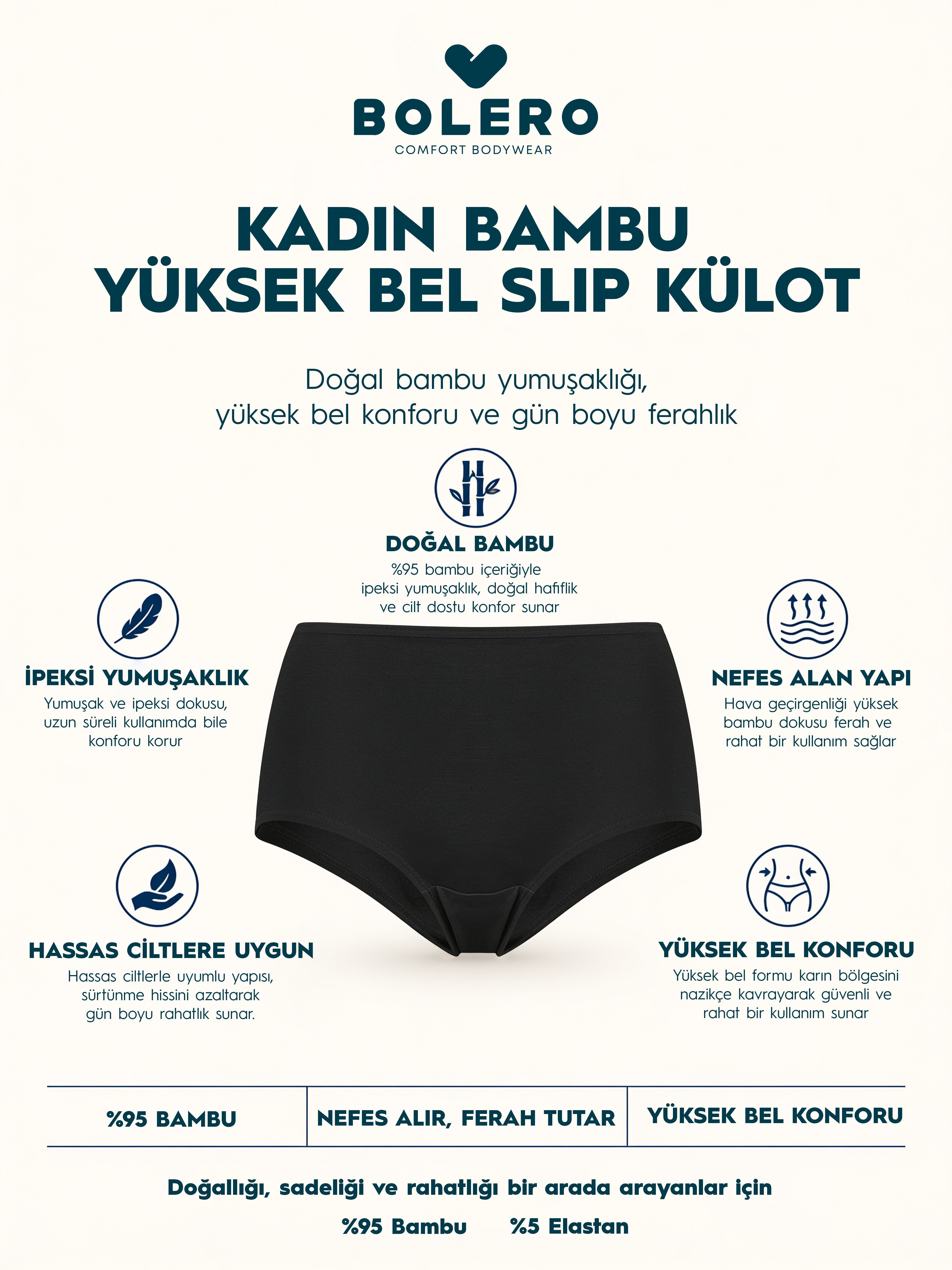  Kadın Bambu Yüksek Bel Slip Külot Beyaz