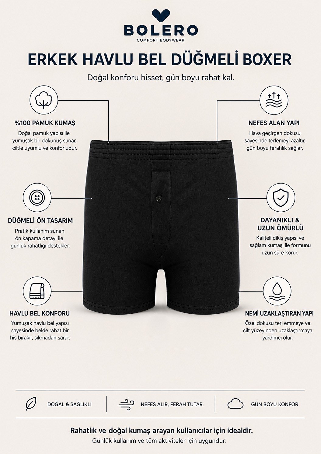 Erkek Havlu Bel Düğmeli Boxer Siyah