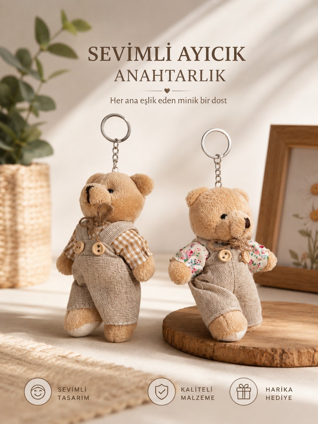KR1119 KAHVE EKOSE ELBİSELİ PELUŞ AYICIK ANAHTARLIK ERKEK