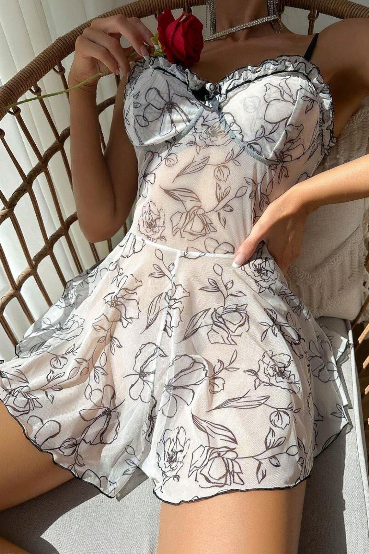Bella Notte Beyaz Desenli Tulum Gecelik 15702