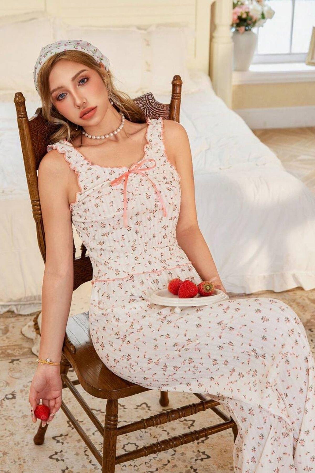 Bella Notte Ekru Vintage Model Çiçek Desenli Naif Pijama Takımı 7323