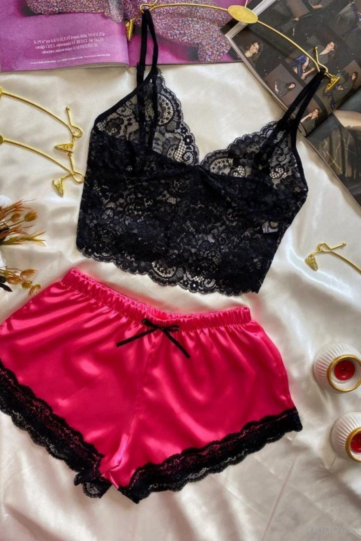 Bella Notte Fuşya Dantelli Zerafet İkili Saten Şort Takımı S-7525