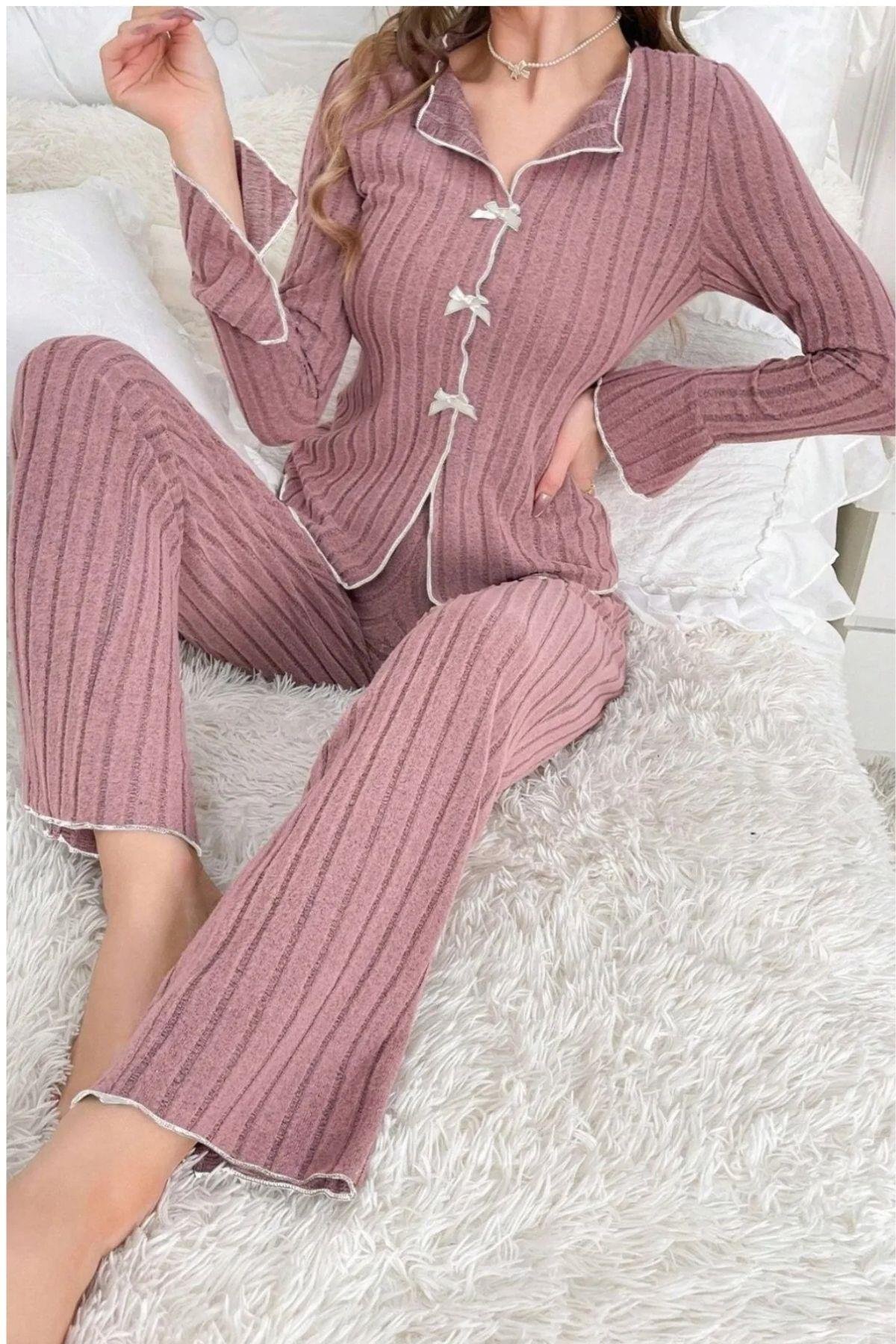 Bella Notte Gül Kurusu Uzun Kollu Fırfırlı Kurdale Detaylı Pijama Takımı 7153