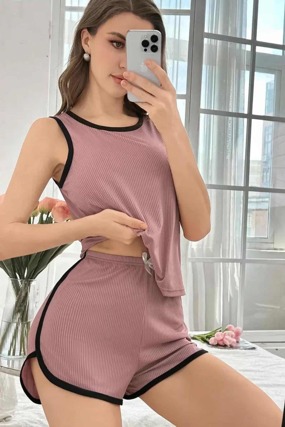 Bella Notte Gülkurusu Kolsuz Pamuklu Şort Takım 7802