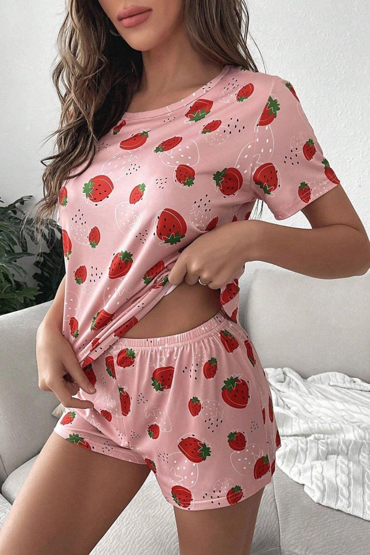 Bella Notte Pembe Tropikal Çilek Desenli Şort Takım 7535