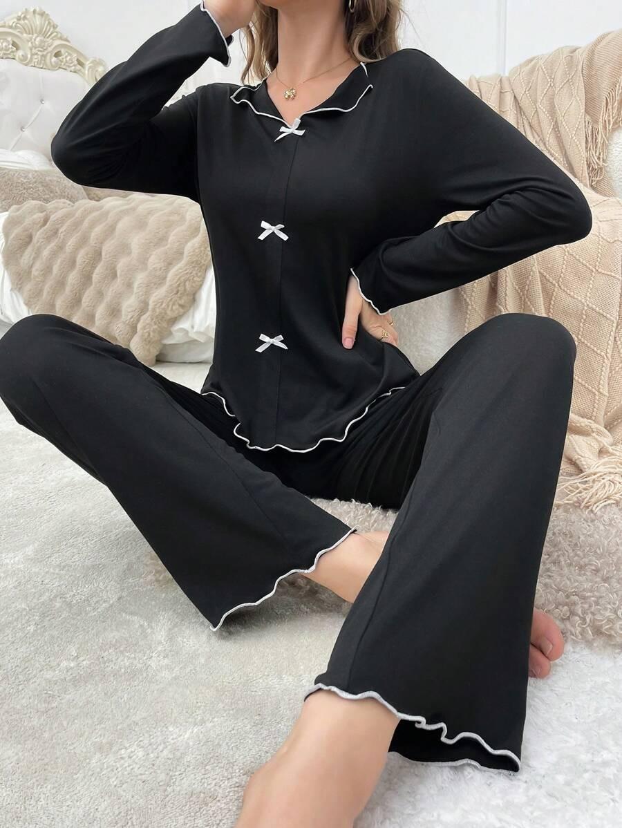 Bella Notte Siyah Uzun Kollu Fiyonk Detaylı Pamuklu Şık Pijama Takımı 7349