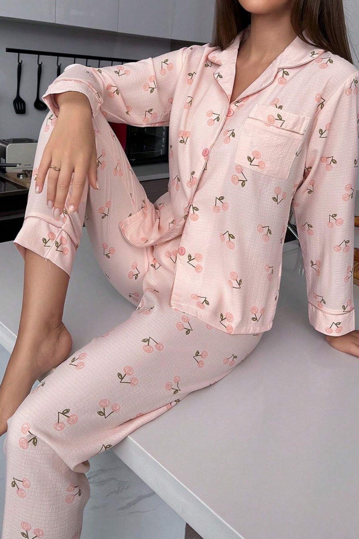 Bella Notte Toz Pembe Sonbahar Kirazları Soft Pijama Takımı 7039