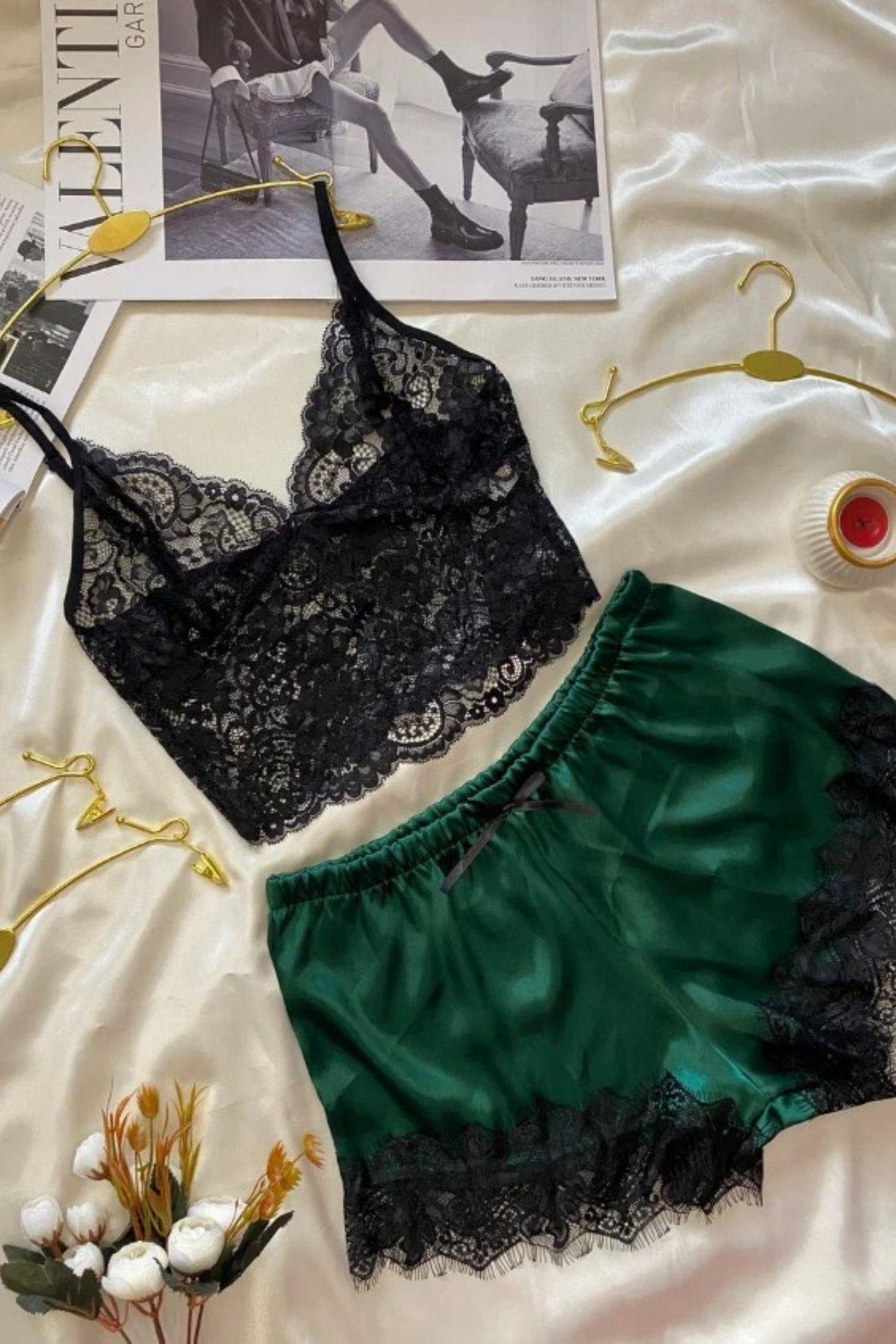 Bella Notte Yeşil  Dantelli Zerafet İkili Saten Şort Takımı S-7524