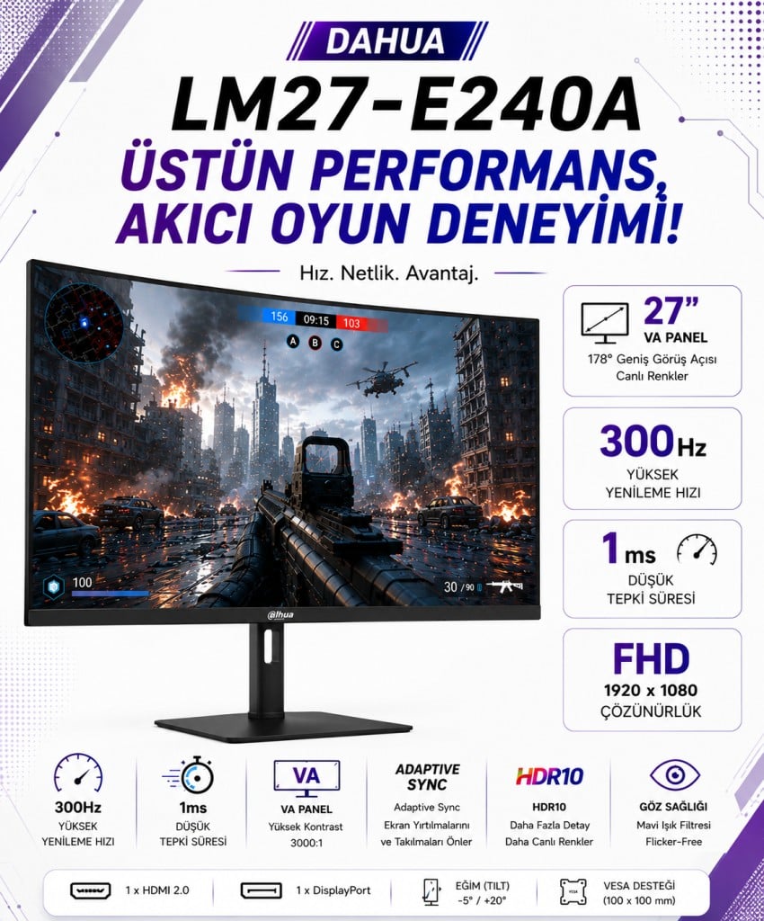 Dahua LM27-E240A 27″ 300Hz 1ms Fulll HD VA Gaming (Oyuncu) Monitör