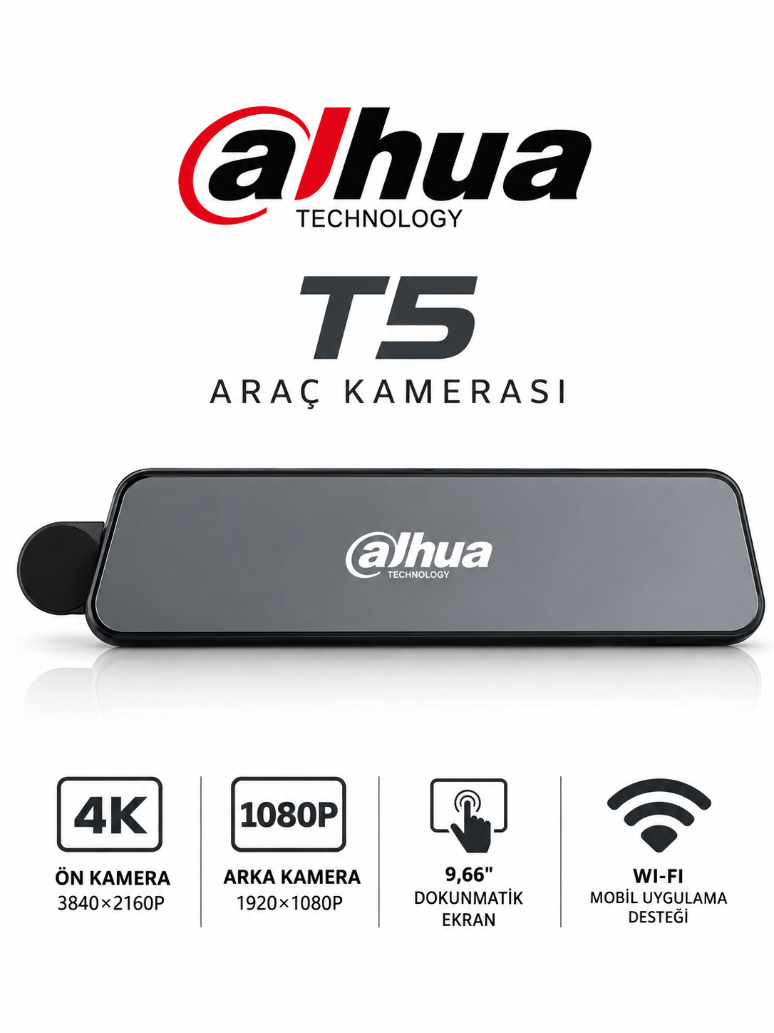 DHI-T5 Dikiz Aynalı Araç İçi Kamera  4K Çözünürlük + Ön ve Arka Kamera + GPS + Park Sensörü + Dokunmatik Ekran + APP Kontrol