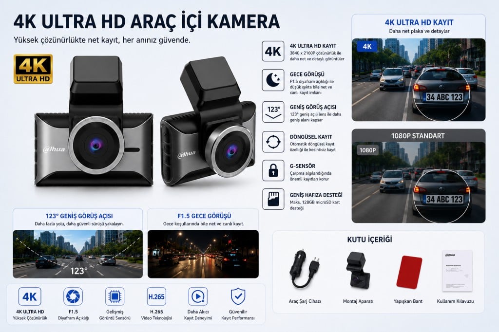 S10 4K G-Sensör Gece Görüş Destekli Döngüsel Kayıt Yapabilen Geniş Açılı Wi-Fi Mobil Uygulamalı Ön ve Arka Çift Araç İçi Kamera (DAHUA TÜRKİYE GARANTİLİ)
