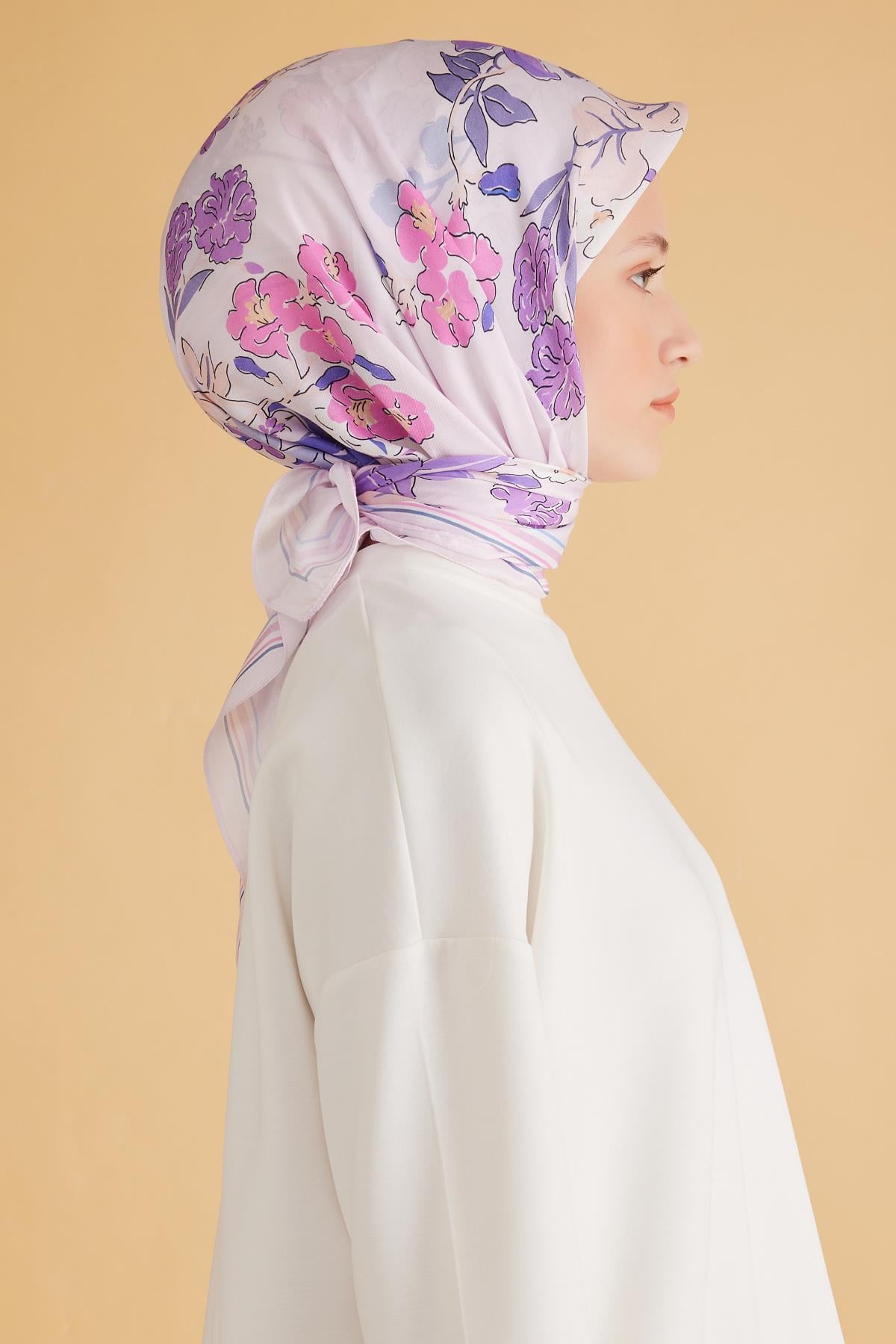 {URUNSEO_TITLE} | BELLI | POLYESTER EŞARP | BELLİ ÇİÇEK DESEN PURE PUDRA MOR EŞARP 1