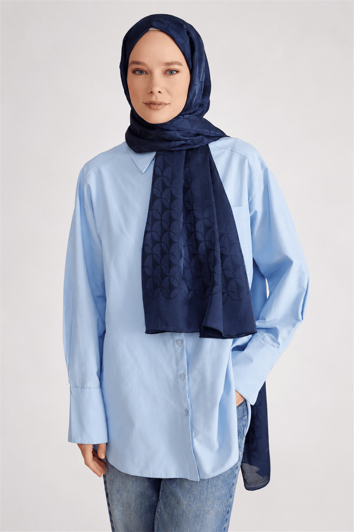 Belli Fresh Geometrik Desen Lacivert Jakarlı Şal 1 - 242107