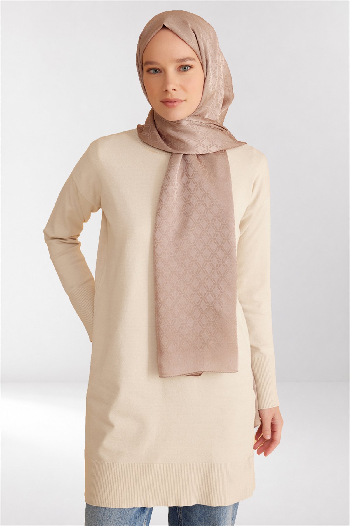 Belli Fresh Geometrik Desen Pudra Kahve Jakarlı Şal 3 - 241826