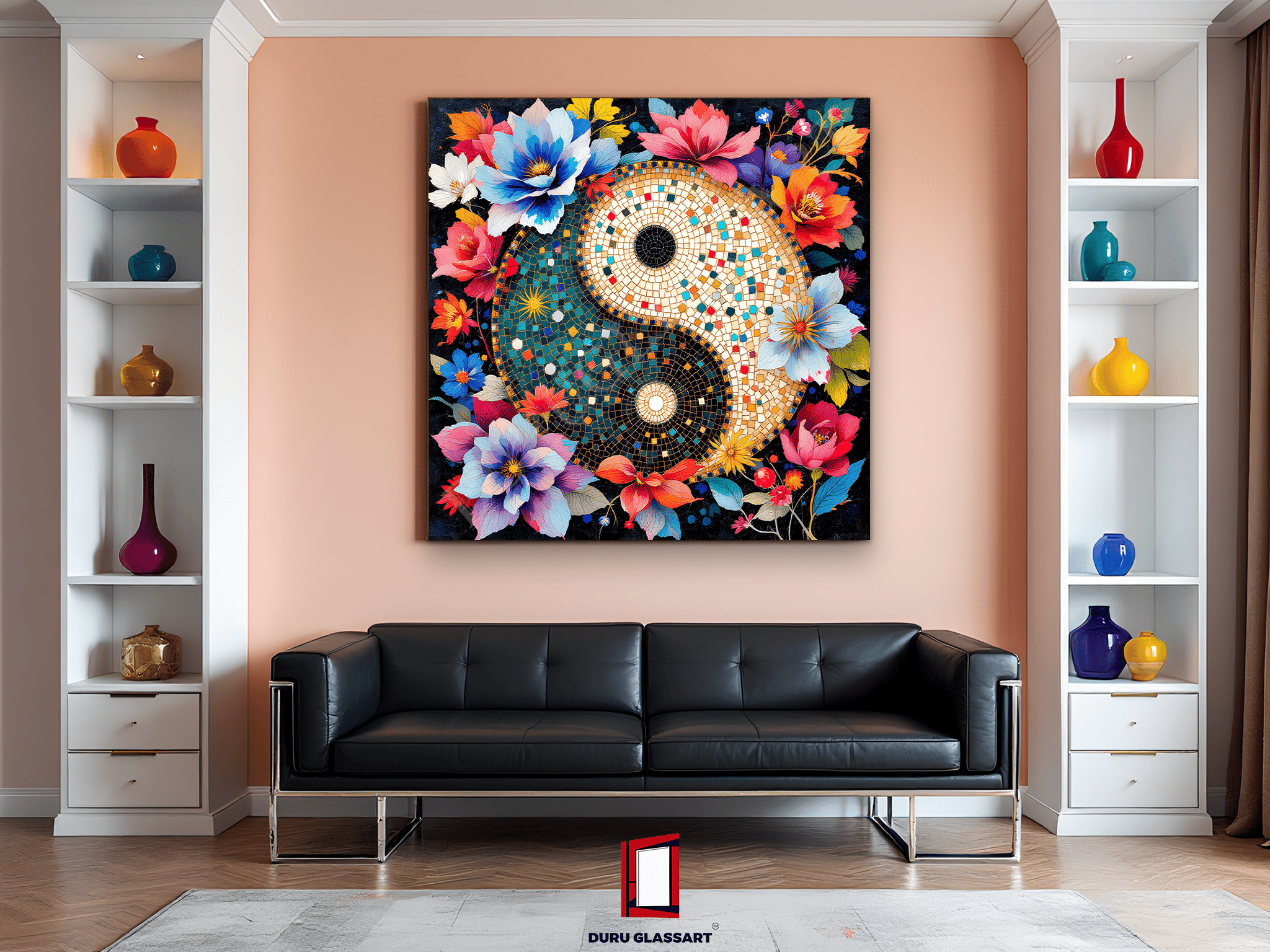 Çiçekli Yin ve Yang Mozaik Desenli Kare Cam Tablo