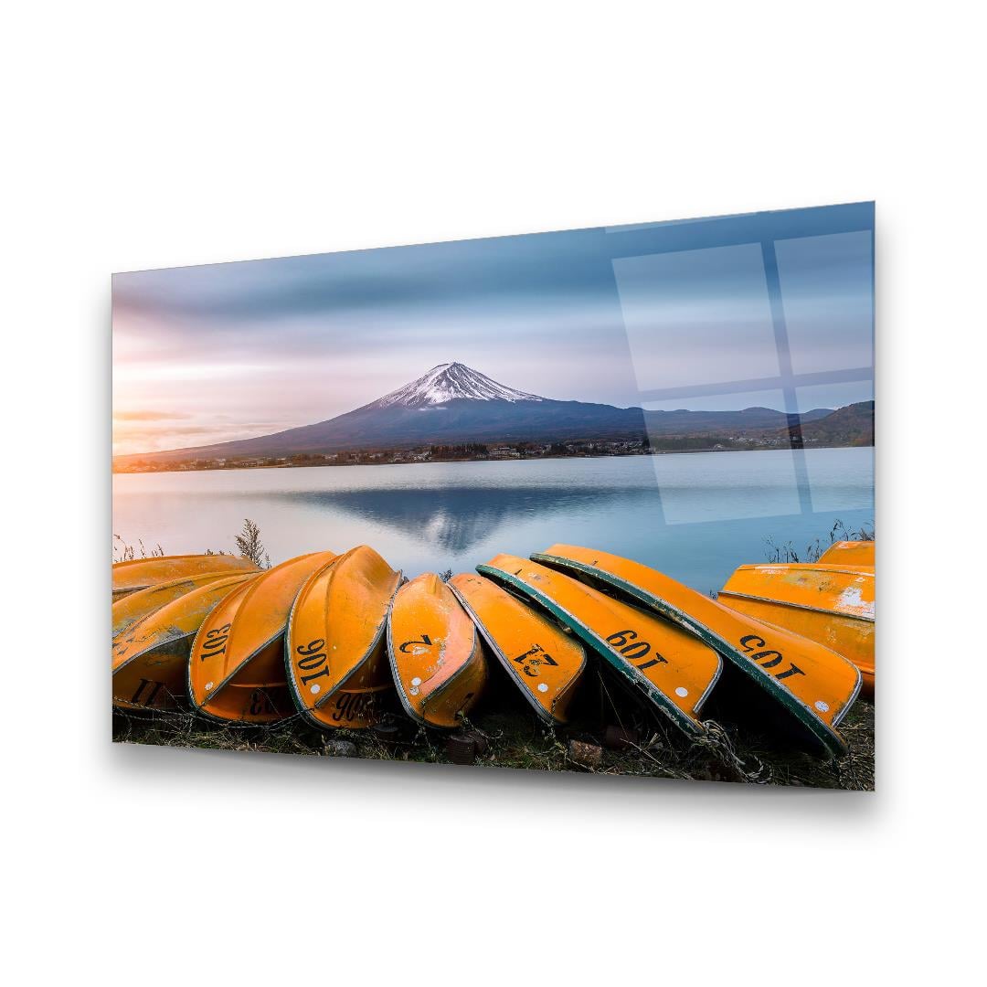 Fuji Dağı ve Kayıklar Yatay Cam Tablo