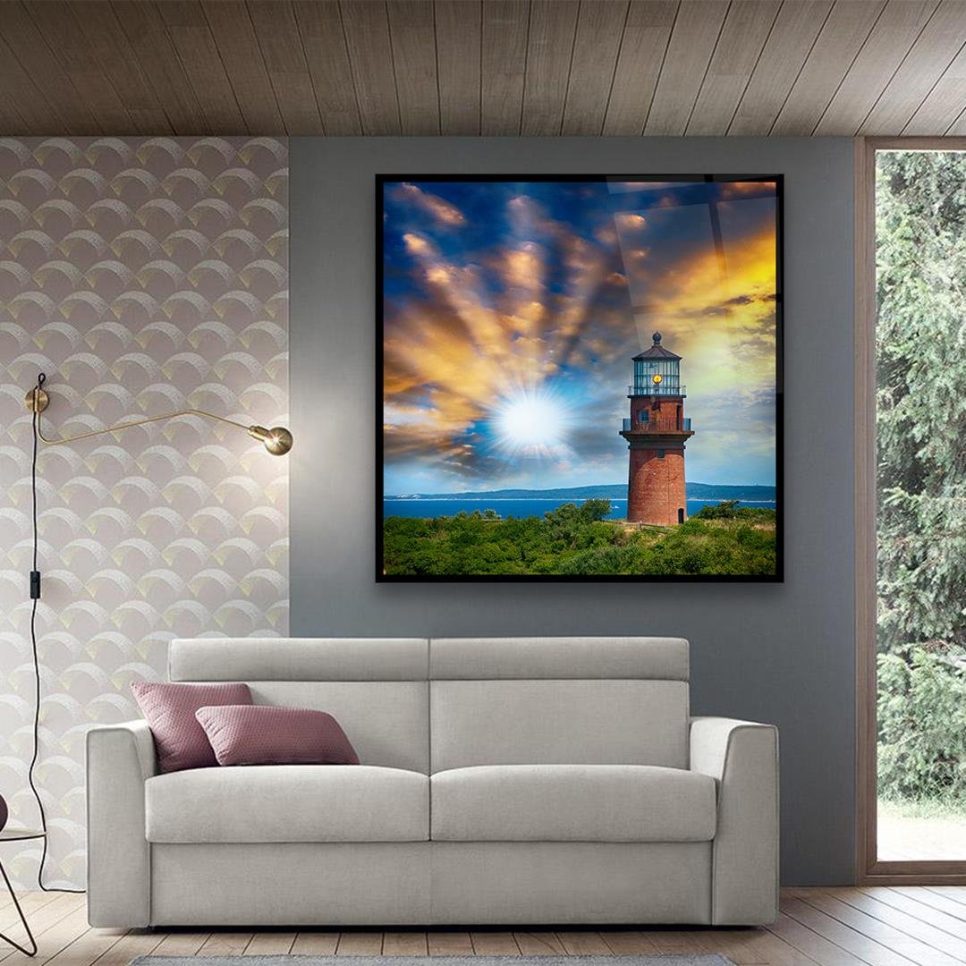 Gökyüzü ve Deniz Feneri Kare Cam Tablo