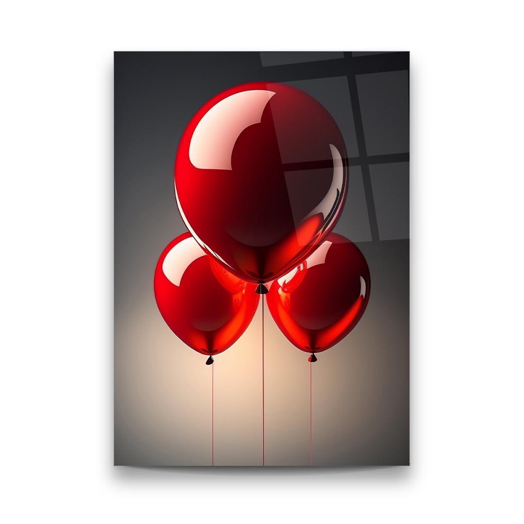 Kırmızı Balonlar Dikey Cam Tablo