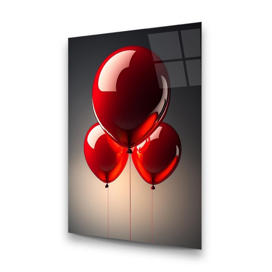 Kırmızı Balonlar Dikey Cam Tablo