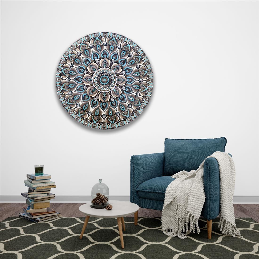 Mavi Mandala Yuvarlak Cam Tablo