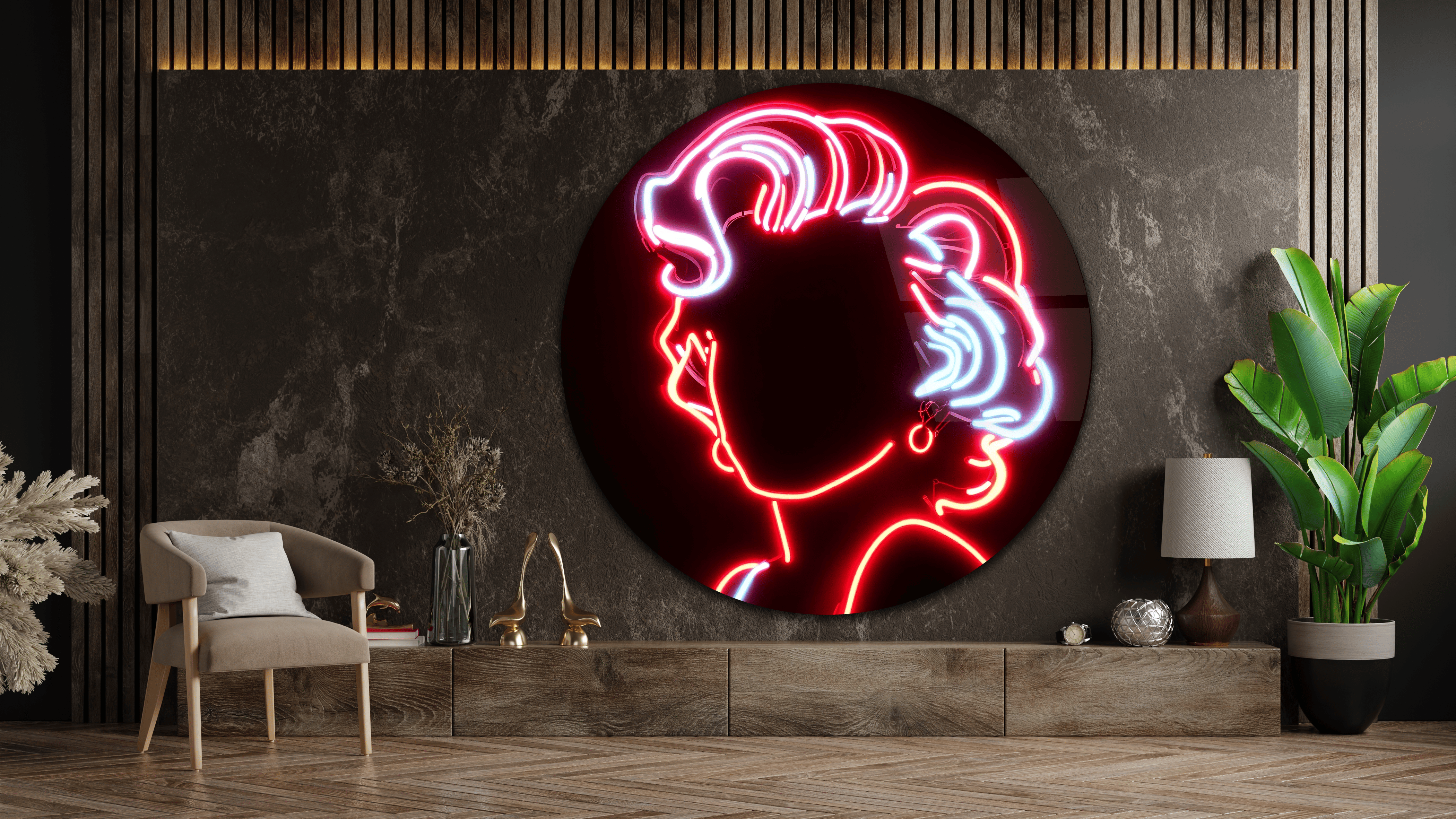 Neon Görünümlü Kadın Silüeti Yuvarlak Cam Tablo