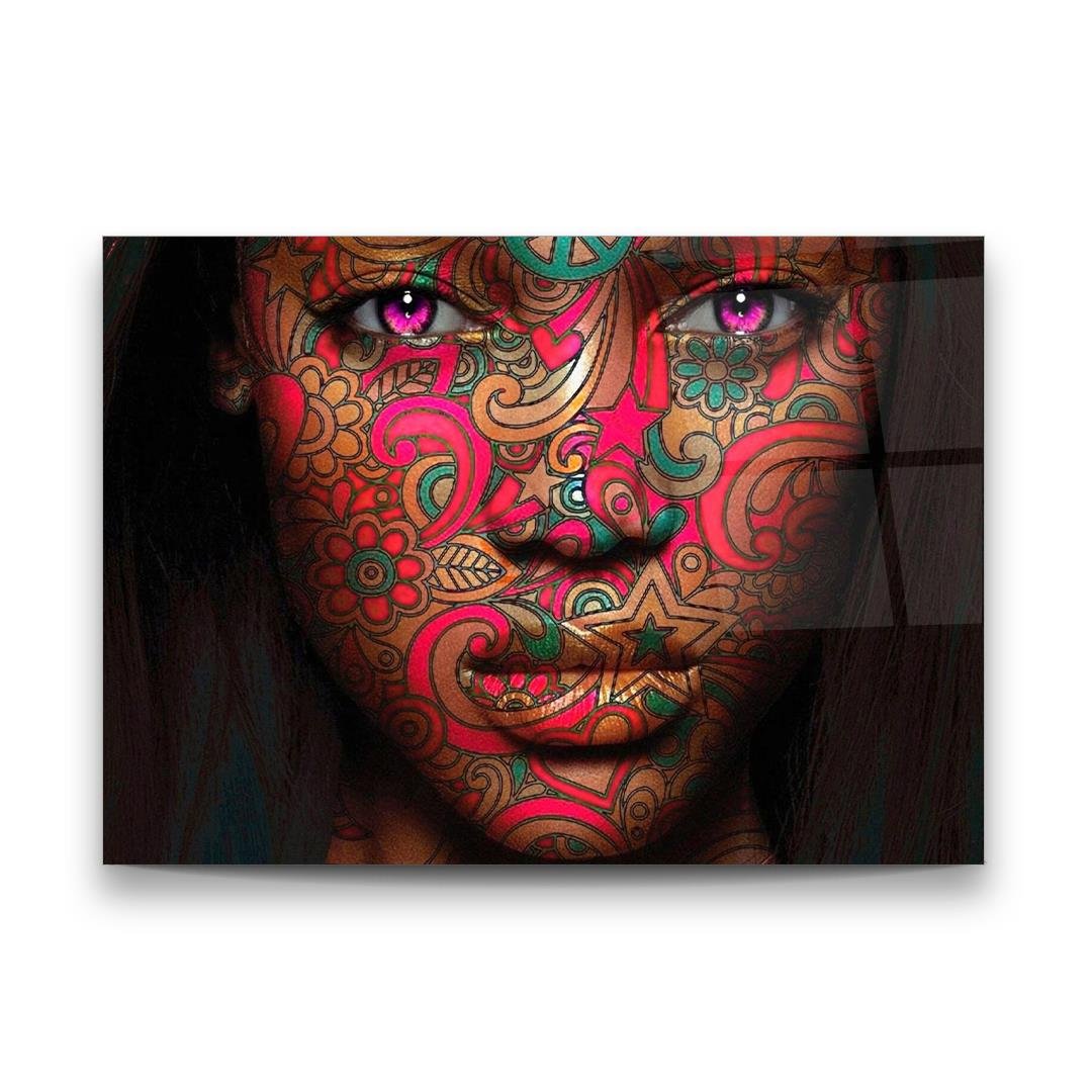 Renkli Etnik Kadın Yatay Cam Tablo