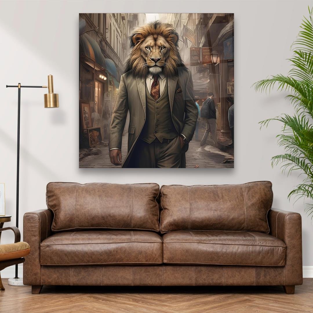 Takım Elbiseli Aslan Kare Cam Tablo