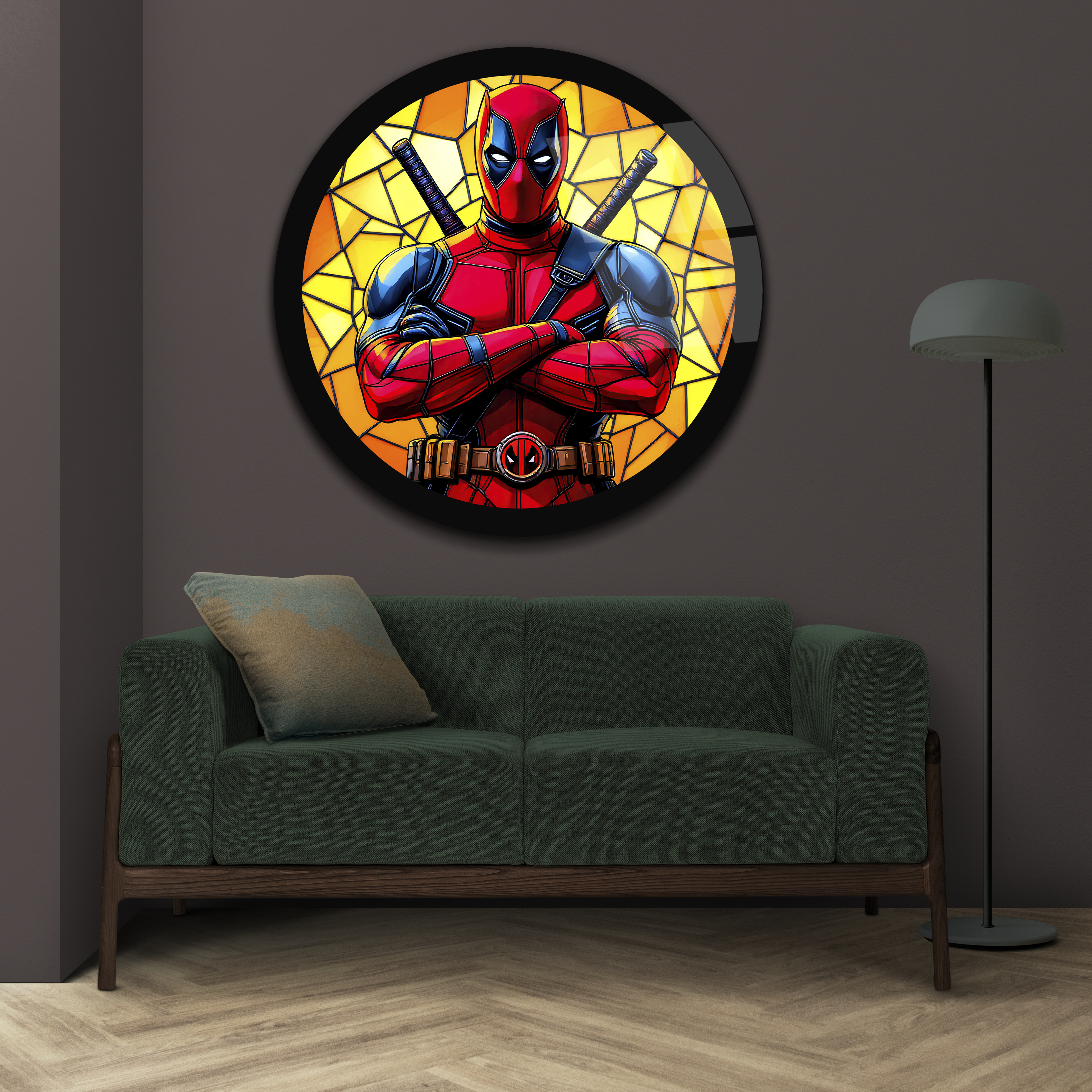 Vitray Desenli Deadpool Yuvarlak Cam Tablo
