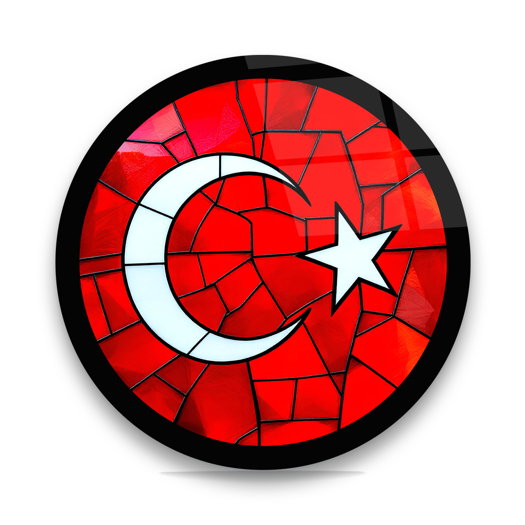 Vitray Desenli Türk Bayrağı Yuvarlak Cam Tablo