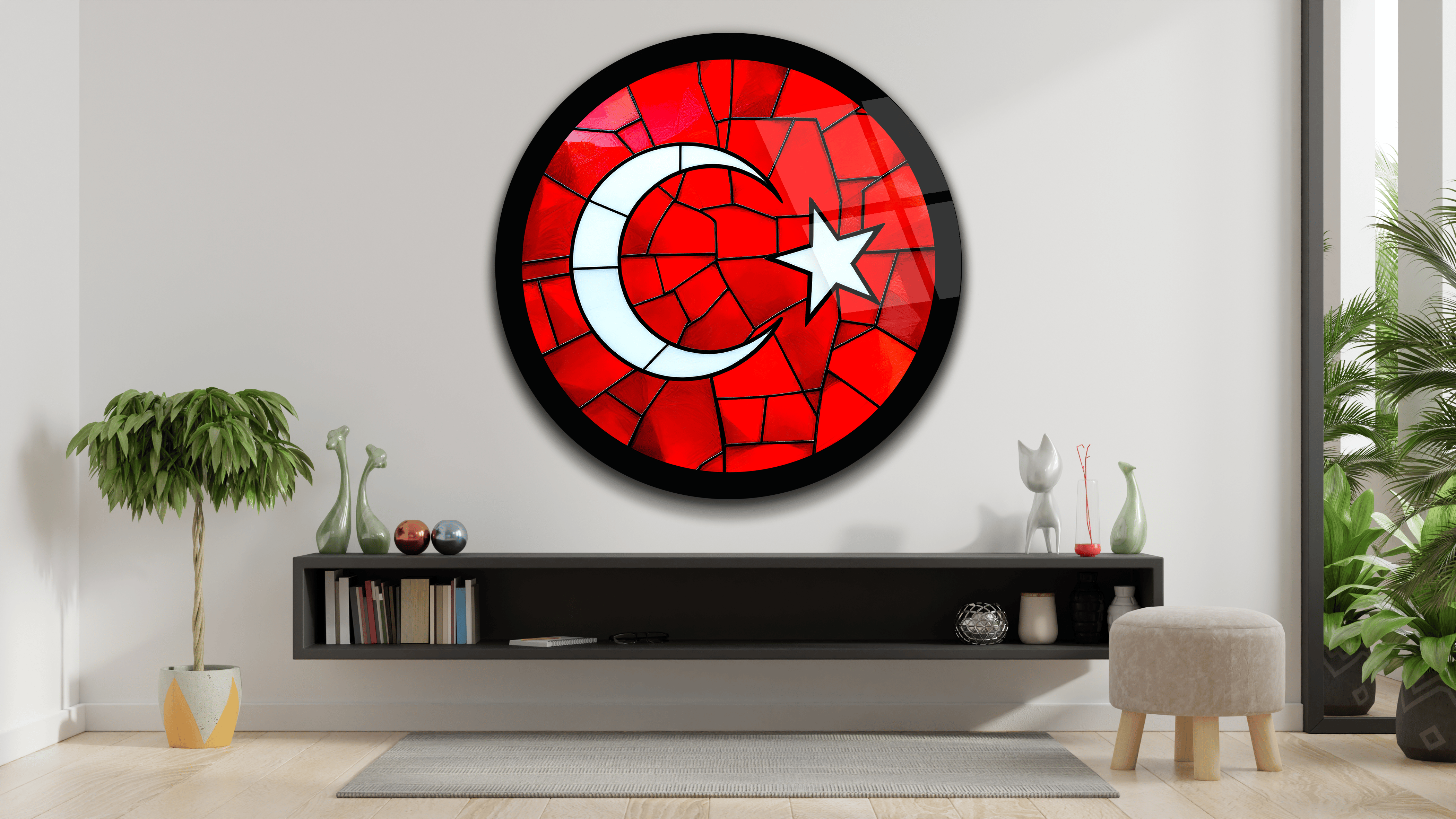 Vitray Desenli Türk Bayrağı Yuvarlak Cam Tablo