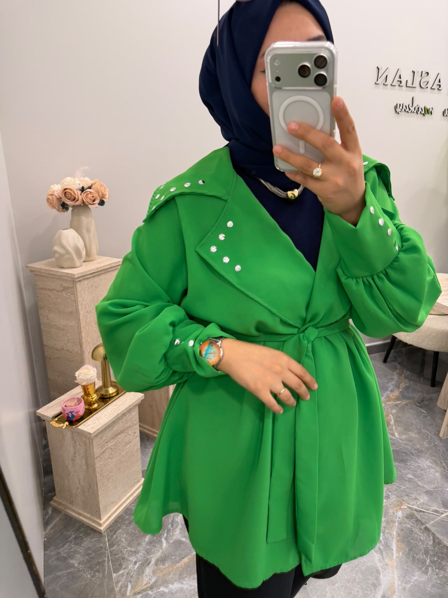Zımba Detaylı Yeşil Ceket
