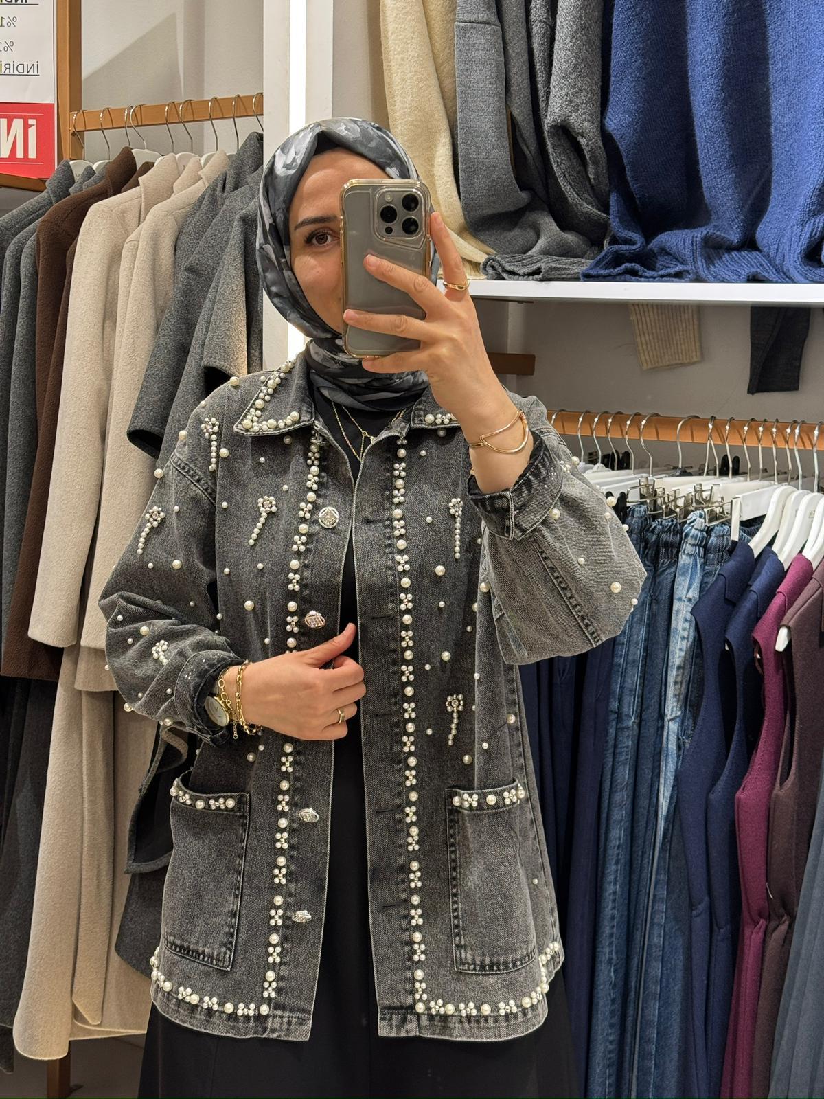 İNCİ BASKILI DENİM CEKET