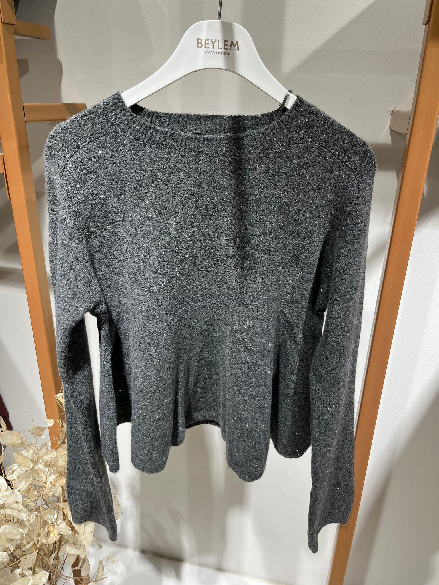 PEPLUM PULLU SİMLİ TRİKO KAZAK FÜME 3979