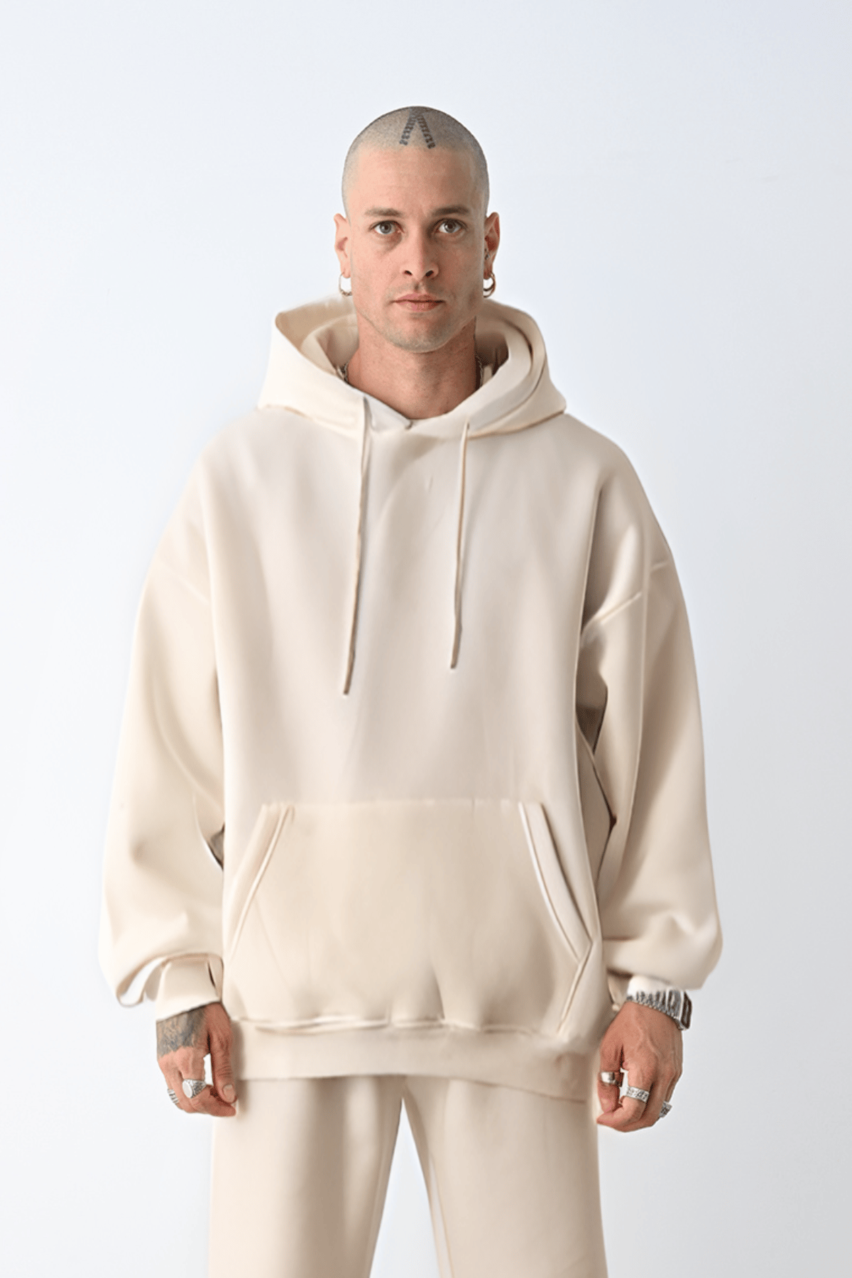 3 İplik Bej bol kalıp Kapuşonlu sweatshirt